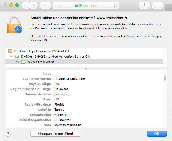 Affichage du certificat Secure Site Pro EV dans le navigateur